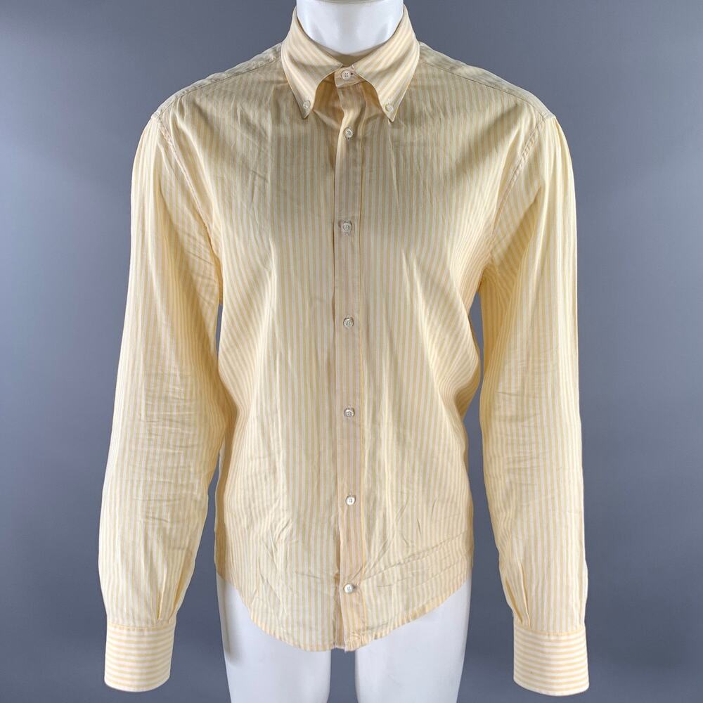 BRUNELLO CUCINELLI Size XXXL Yellow White Stripe Linen Cotton Long Sleeve Shirt